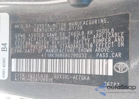 2008 Toyota Avalon Xls z USA, uszkodzony, nr VIN 4T1BK36B68U290032